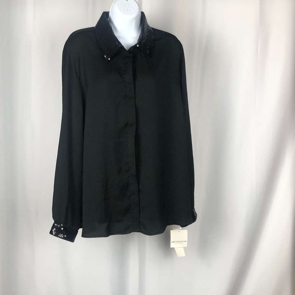 NWT Liz Claiborne Black Buffon Up Top with Sequins